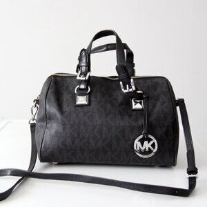 Michael Kors Grayson Medium Satchel Black Signature MK Monogram Logo Handbag